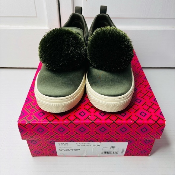 TORY BURCH Daphne Pom Pom Satin Luxe Platform Sneakers Size 6 - Picture 3 of 8